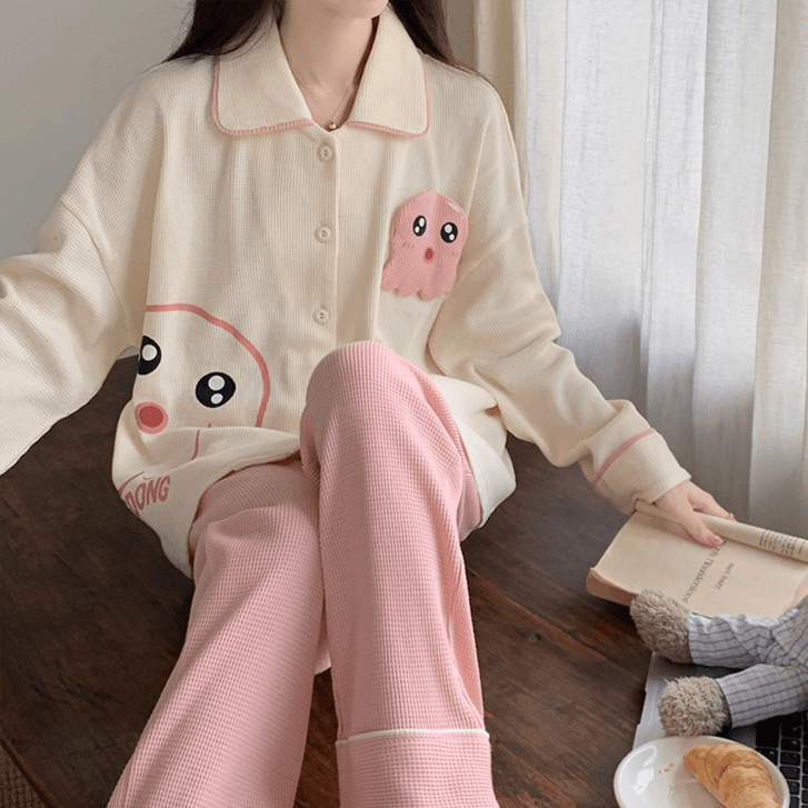 华夫格睡衣女款秋季秋天长袖卡通可爱夏季宽松开衫冬天家居服套装