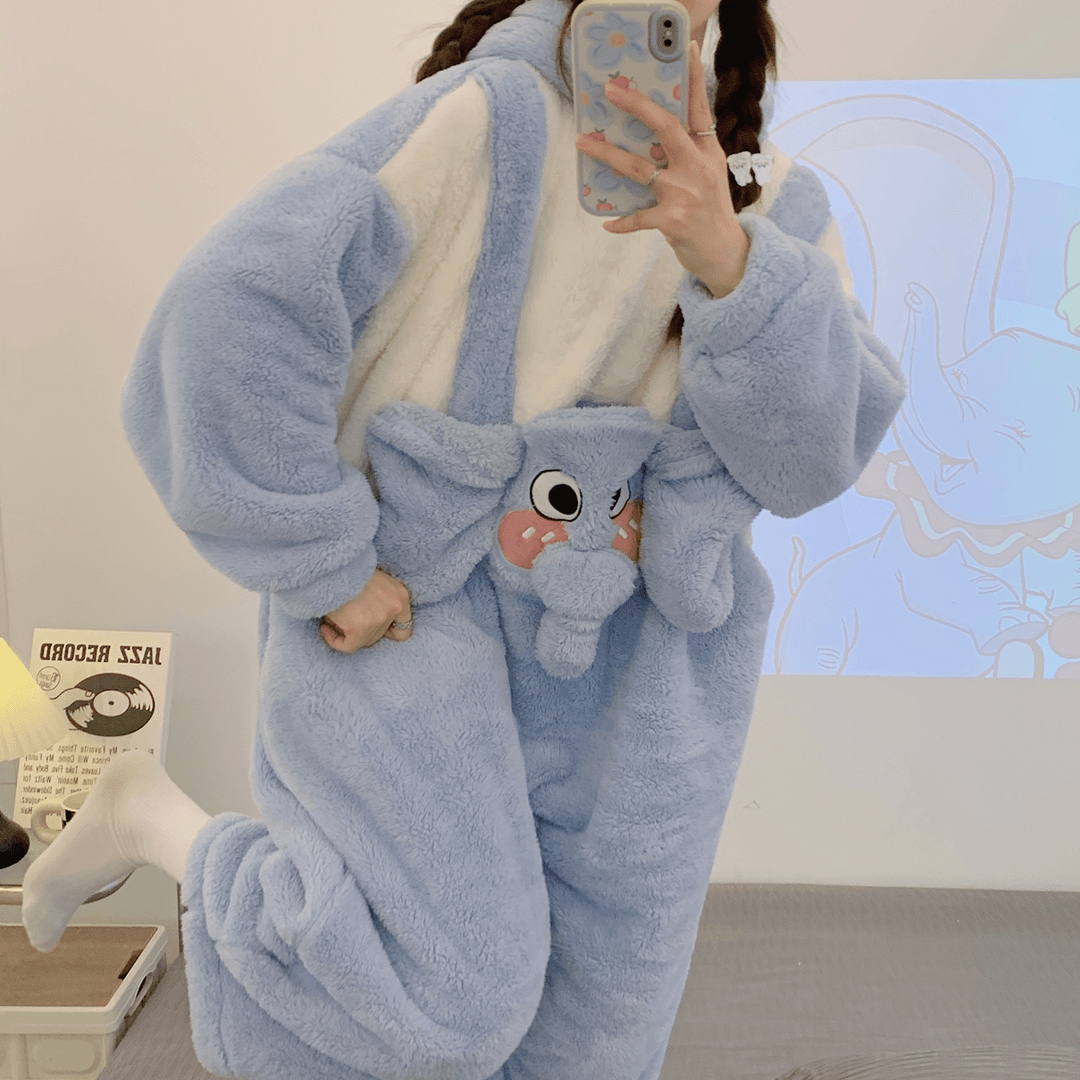 珊瑚绒连帽睡衣女秋冬季保暖加绒加厚连体衣法兰绒卡通冬天家居服