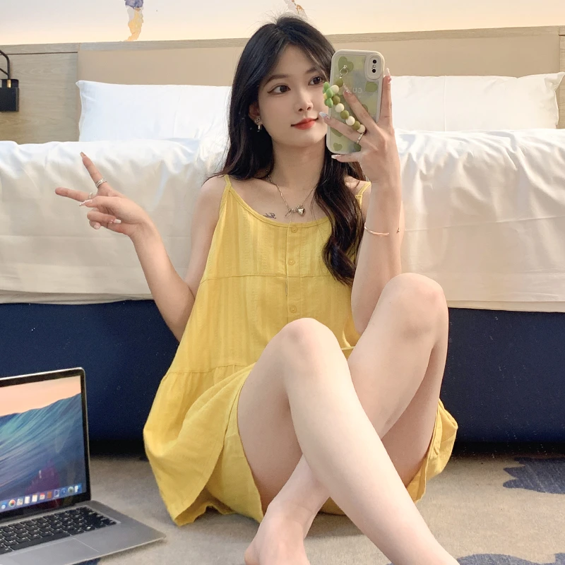 夏季纯棉睡衣女款宽松吊带短裤套装春夏天甜美可爱少女韩版家居服
