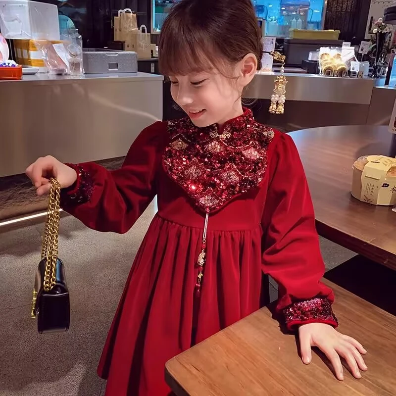 女童国风拜年服儿童新中式过年服装小女孩秋冬装加绒连衣裙M23169