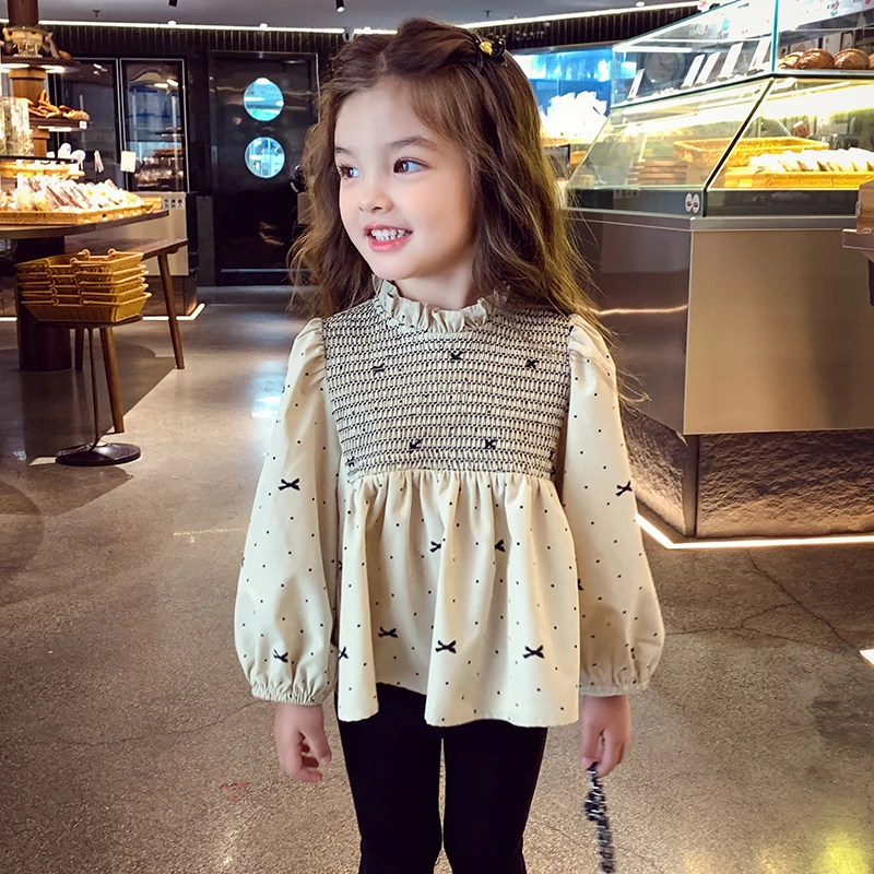 【现货】米米哈罗女童南洋千金波点蝴蝶结娃娃衫衬衫上衣 Q24612