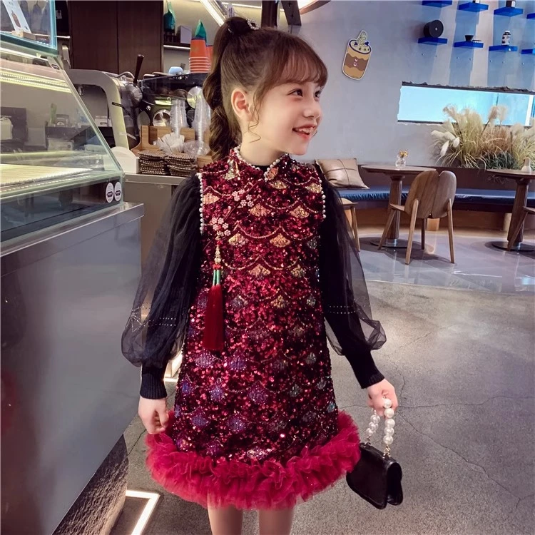 【现货】米米哈罗女童秋冬洋气旗袍裙国风亮片背心连衣裙 M23168