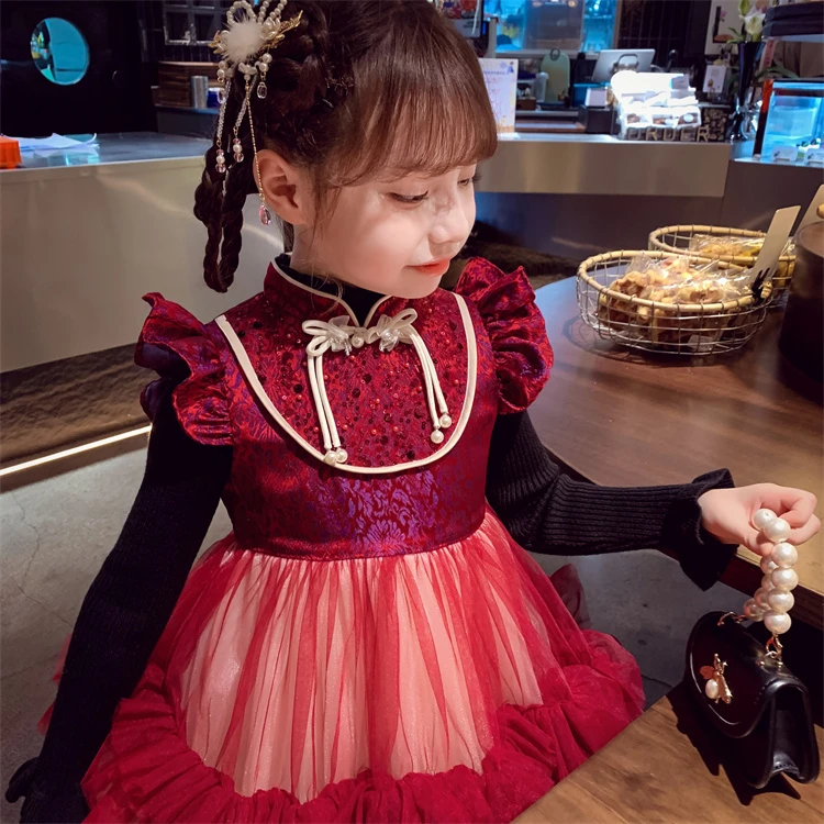 【宠粉浮力】女童中式飞袖红色裙子儿童冬季过年服装喜庆年服M23173