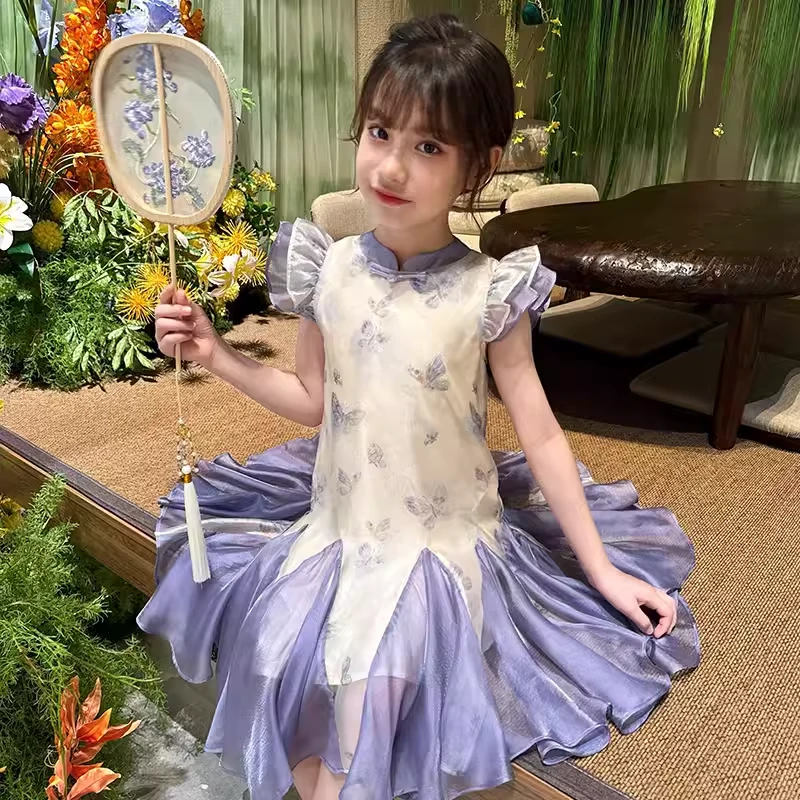 【现货】米米哈罗女童夏款国风蝴蝶印花小飞袖新中式连衣裙 X24603