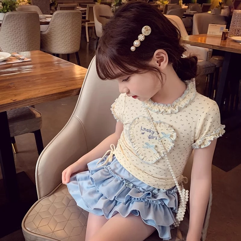 【现货】米米哈罗女童T恤夏装洋气儿童甜美上衣碎花打底衫MC24043