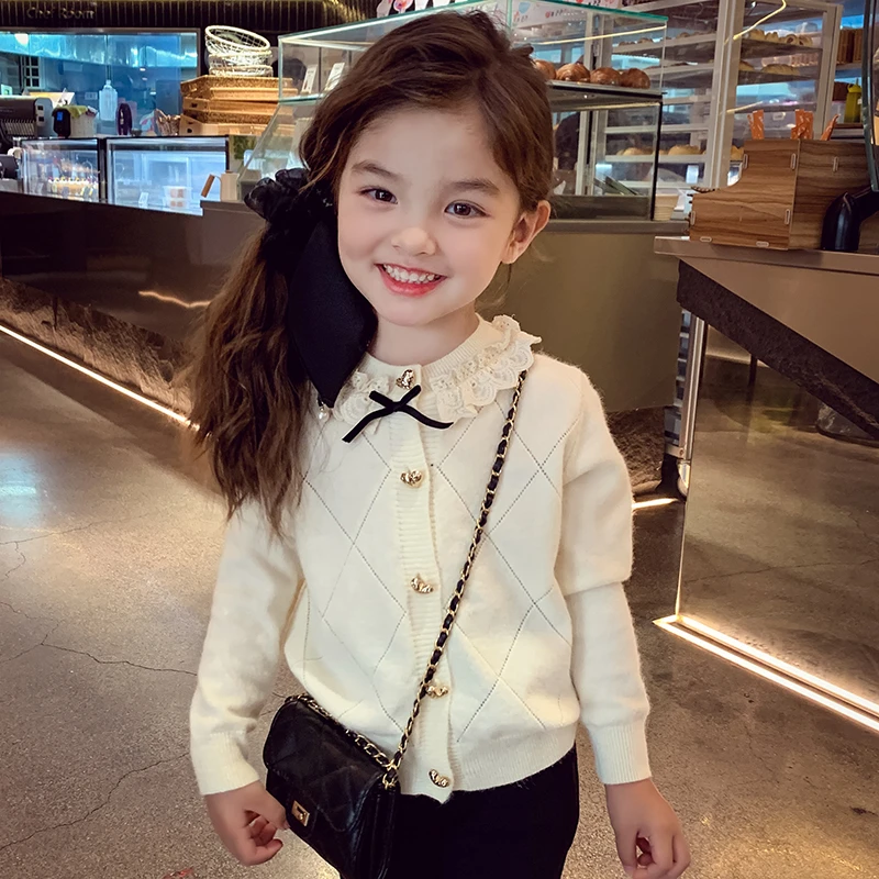 米米哈罗女童洋气小香风甜心蝴蝶结针织毛衣开衫 Q24641