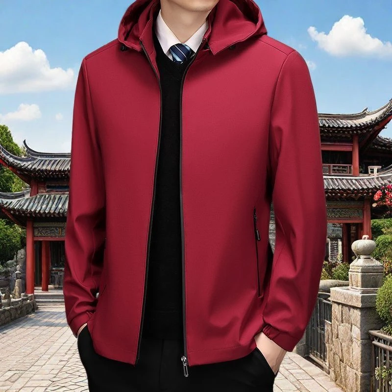 中年男士休闲夹克可脱卸帽外套男冲锋衣春秋冬爸爸装潮流红色上衣