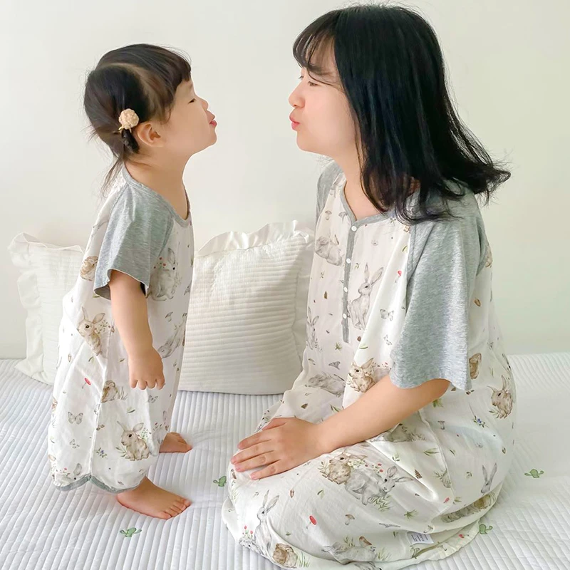 短袖亲子家居服竹棉亲子夏季睡衣宝宝睡袋妈妈睡裙家居服亲子装