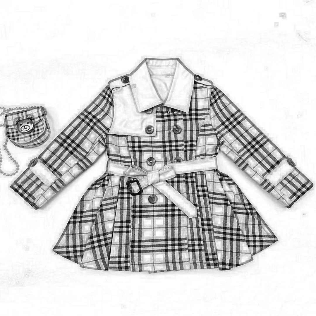 【Nella潮童】88231儿童春秋新款潮流格子时尚休闲女童刺绣裙摆风衣