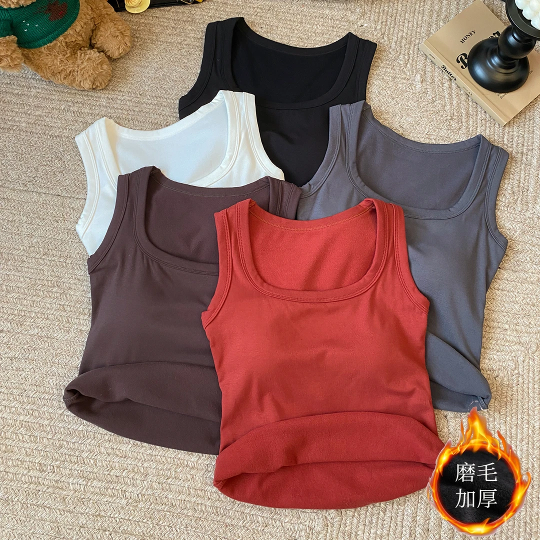 秋冬新款磨毛保暖方领背心女纯色加绒加厚带胸垫内搭外穿打底上衣