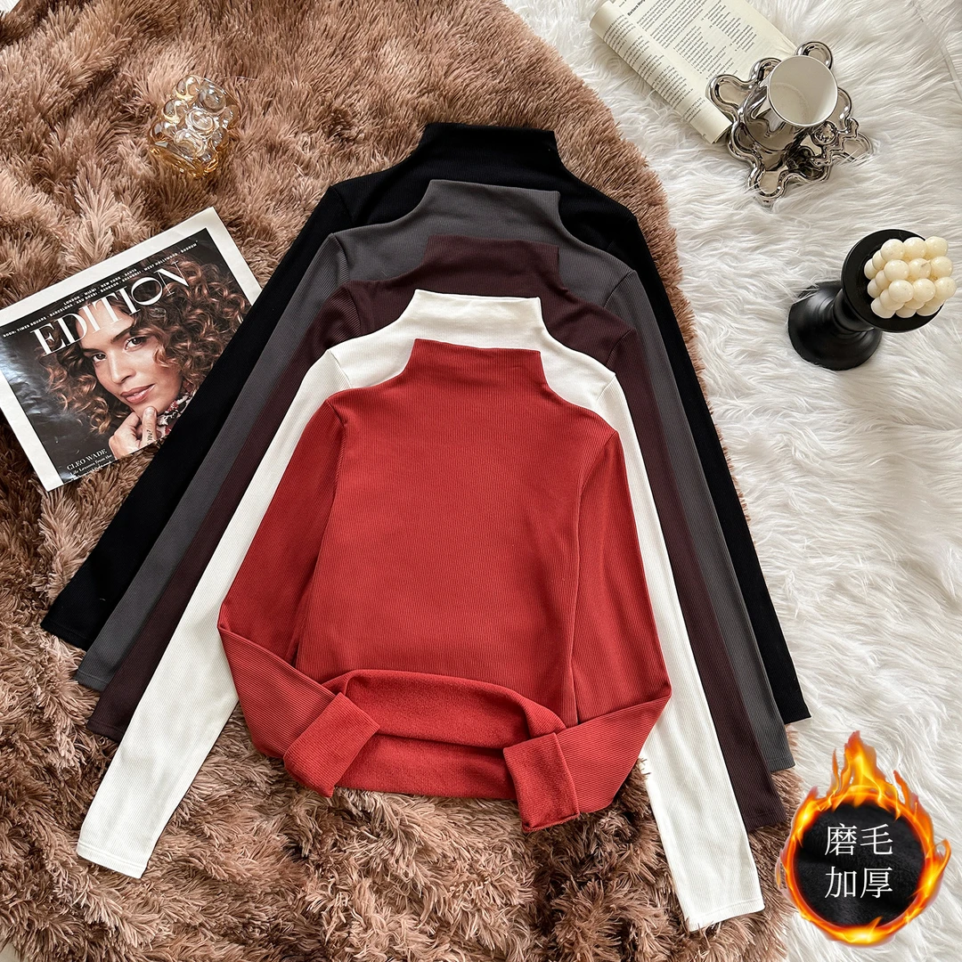 纯色磨毛高领打底衫女秋冬新款显瘦百搭洋气内搭女士长袖T恤上衣