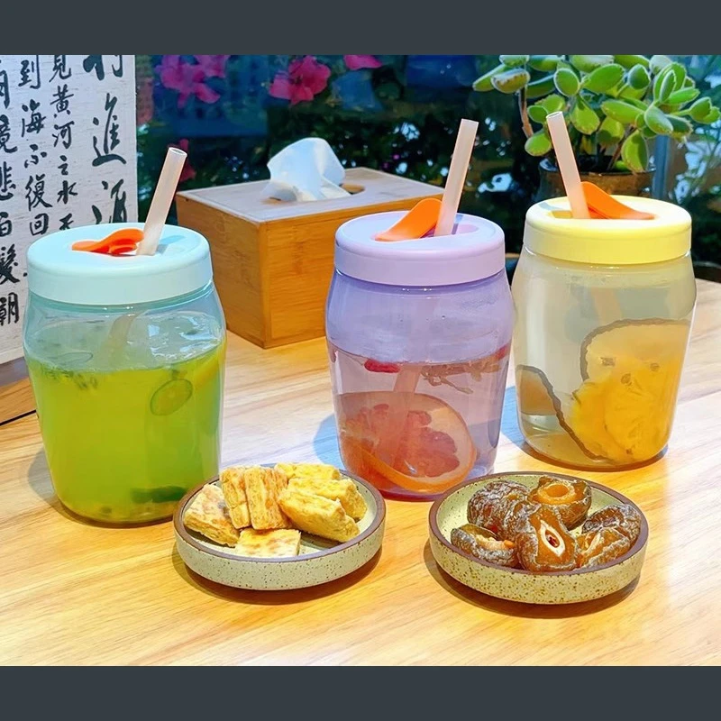 新品550ml密封吸吸罐夏日冷藏饮品吸管水杯家用健康沙拉圆罐子