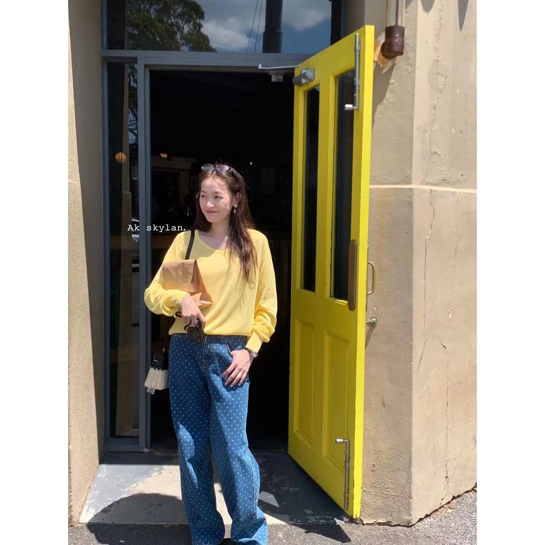 【清  原139】 时髦波点牛仔阔腿裤女韩版百搭直筒裤潮