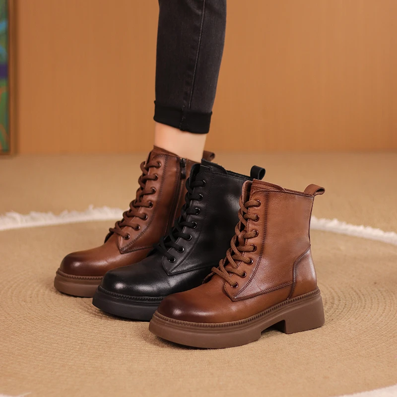 听纯9671秋冬新款百搭短靴复古真皮厚底时尚粗跟女鞋休闲马丁靴