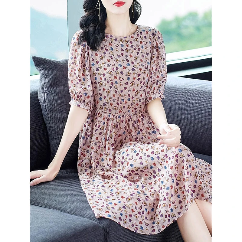 zx3E246漂亮高端气质小个子碎花2023新款宽松时尚中长款连衣裙