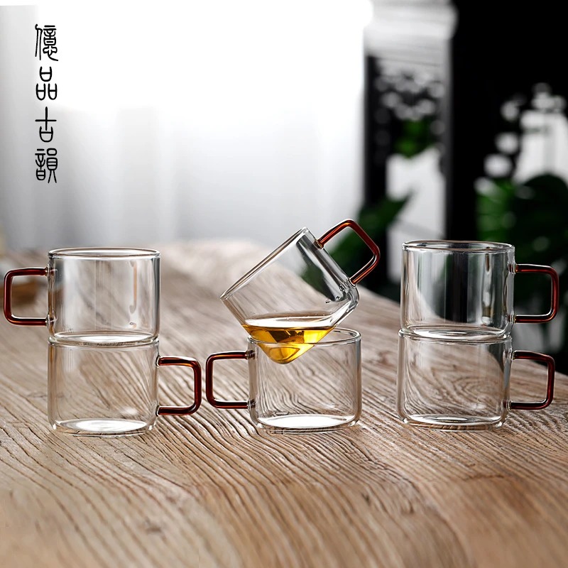 艺品古韵玻璃小茶杯高硼硅耐高温六只装带把透明玻璃杯耐热日式