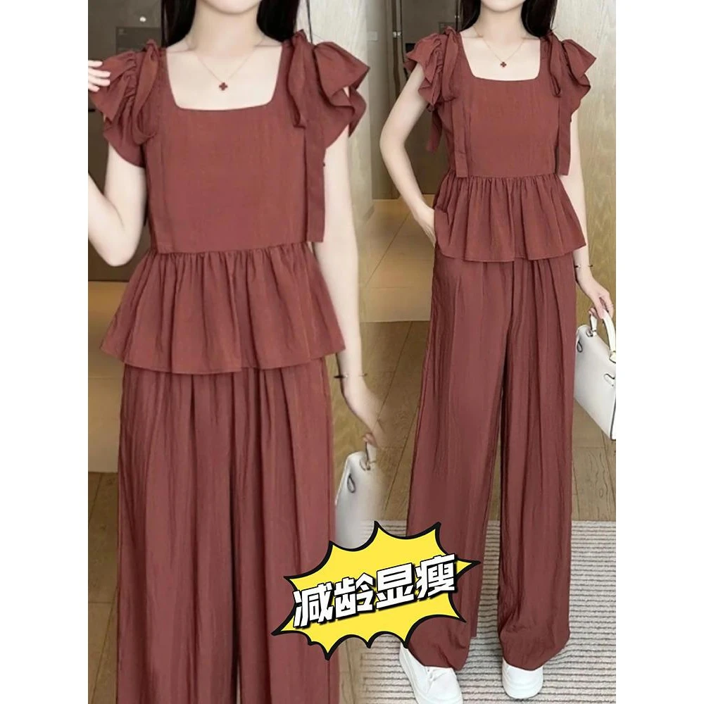 减龄气质洋气套装2024上衣新款夏季小个子方领阔腿时尚两件套