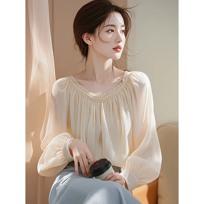 早秋新款法式气质独特漂亮绝美设计感白色雪纺小上衣长袖衬衫女夏