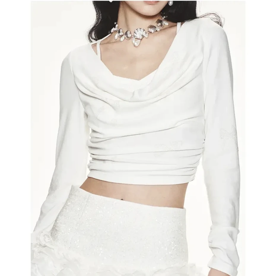 CG『春晓』2024春季新款米白色围巾领精致蝴蝶结烫钻长袖T恤