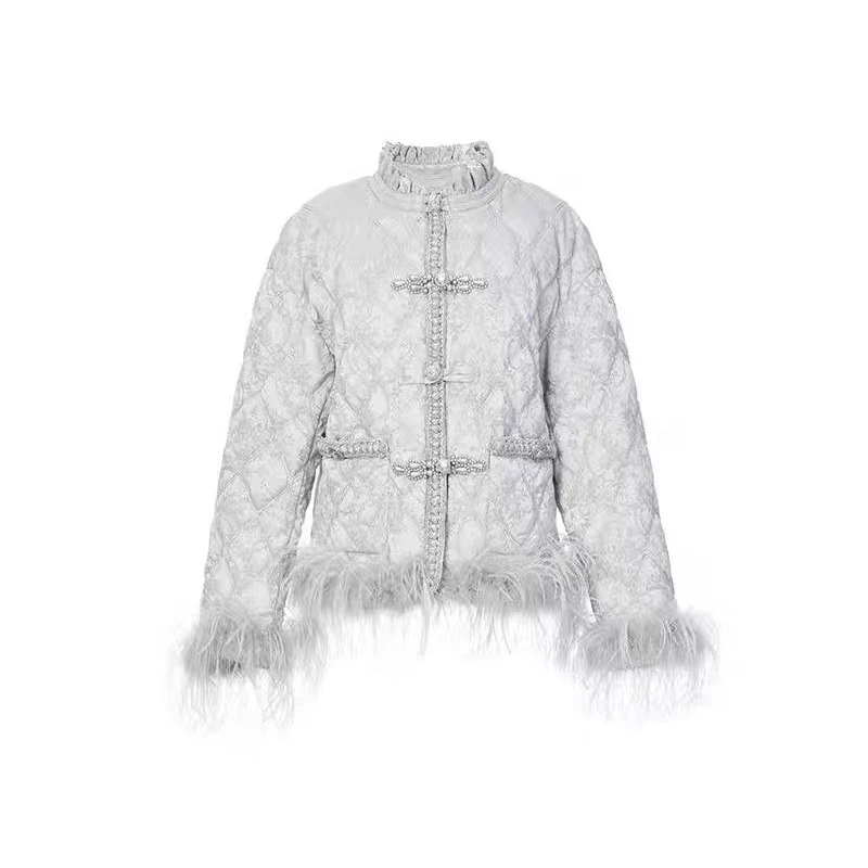 【CG-Y】NO退NO换冬季新款灰色中式羽毛白鸭绒盘扣提花羽羽短外套