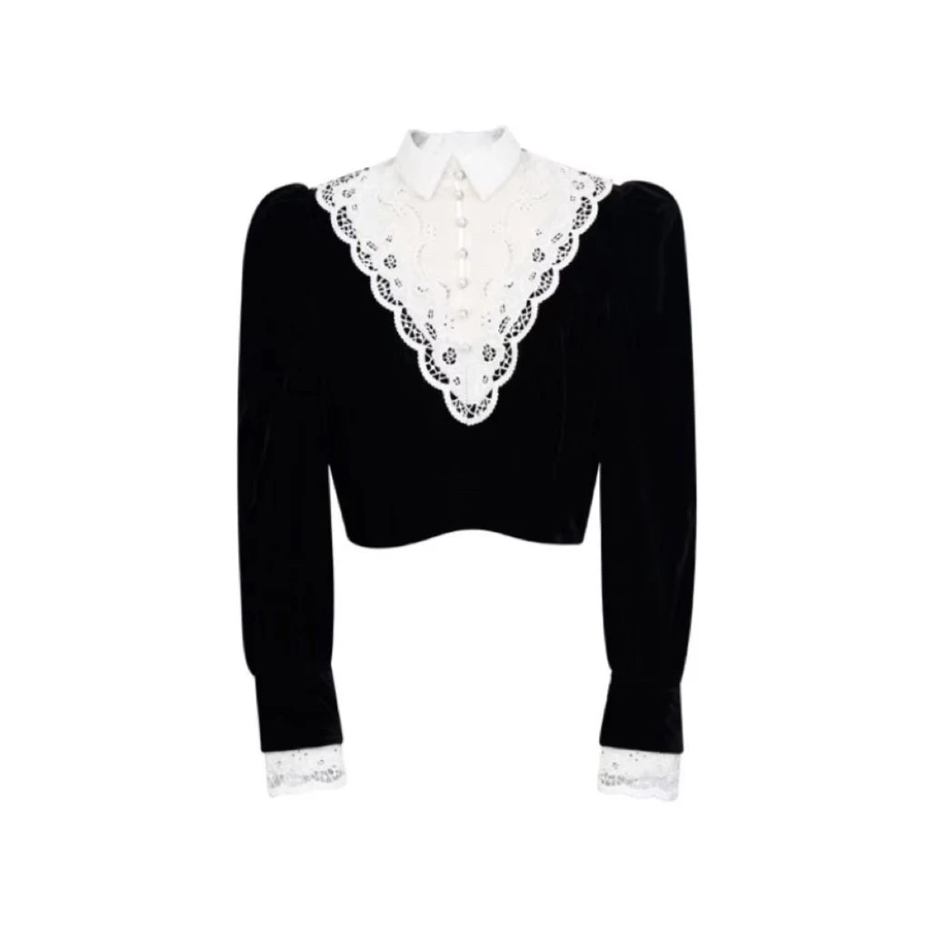 CG『华丽春梨』春季气质时尚华丽珍珠拼接绣花娃娃领黑色长袖上衣