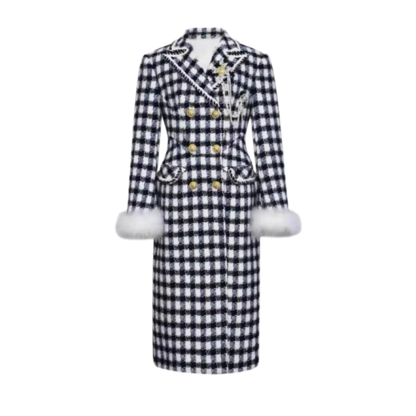 CG『浪漫永生』Design  冬季新品名媛气质优雅蓝白格收腰中长款大衣