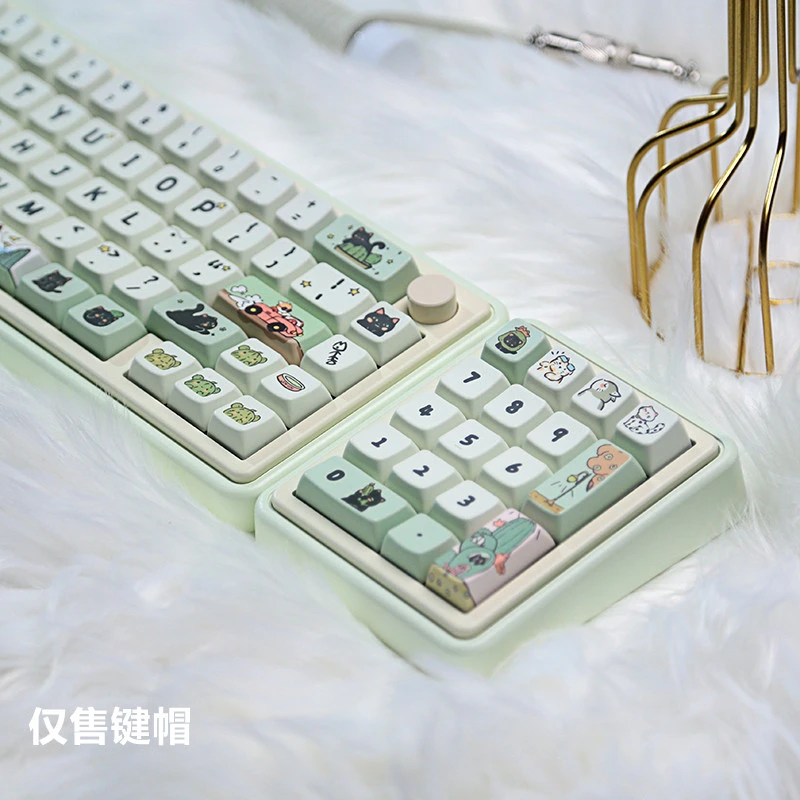 MDA高度掌中猫键帽PBT机械键盘可爱猫猫绿色 68 75 84 87 98 100