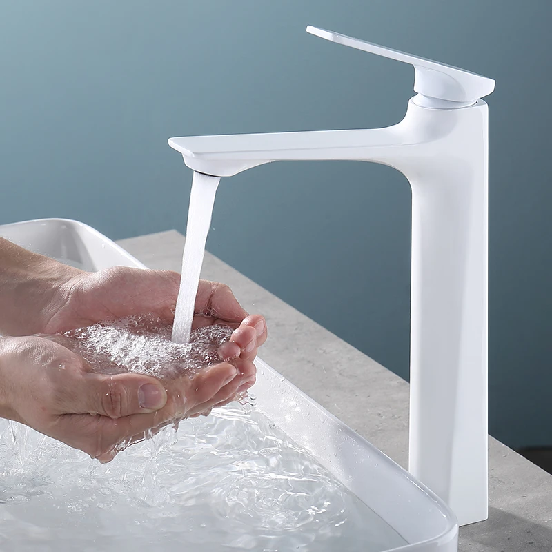 白色水龙头卫生间面盆单孔洗手脸盆台上盆全高款加长冷热铜龙头