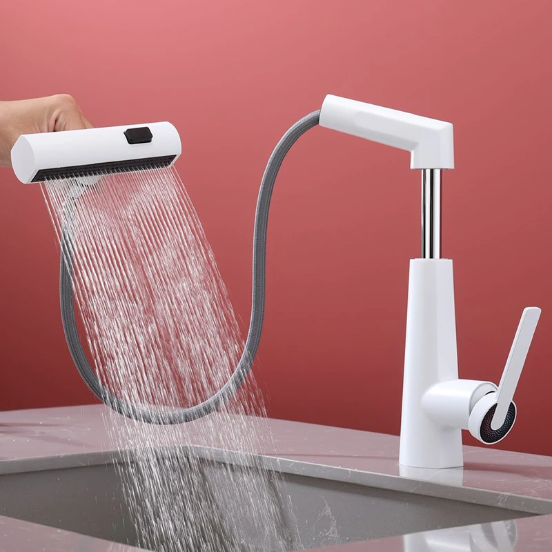 白色瀑布面盆水龙头抽拉式卫生间洗手池台下盆浴室柜铜洗脸盆冷热