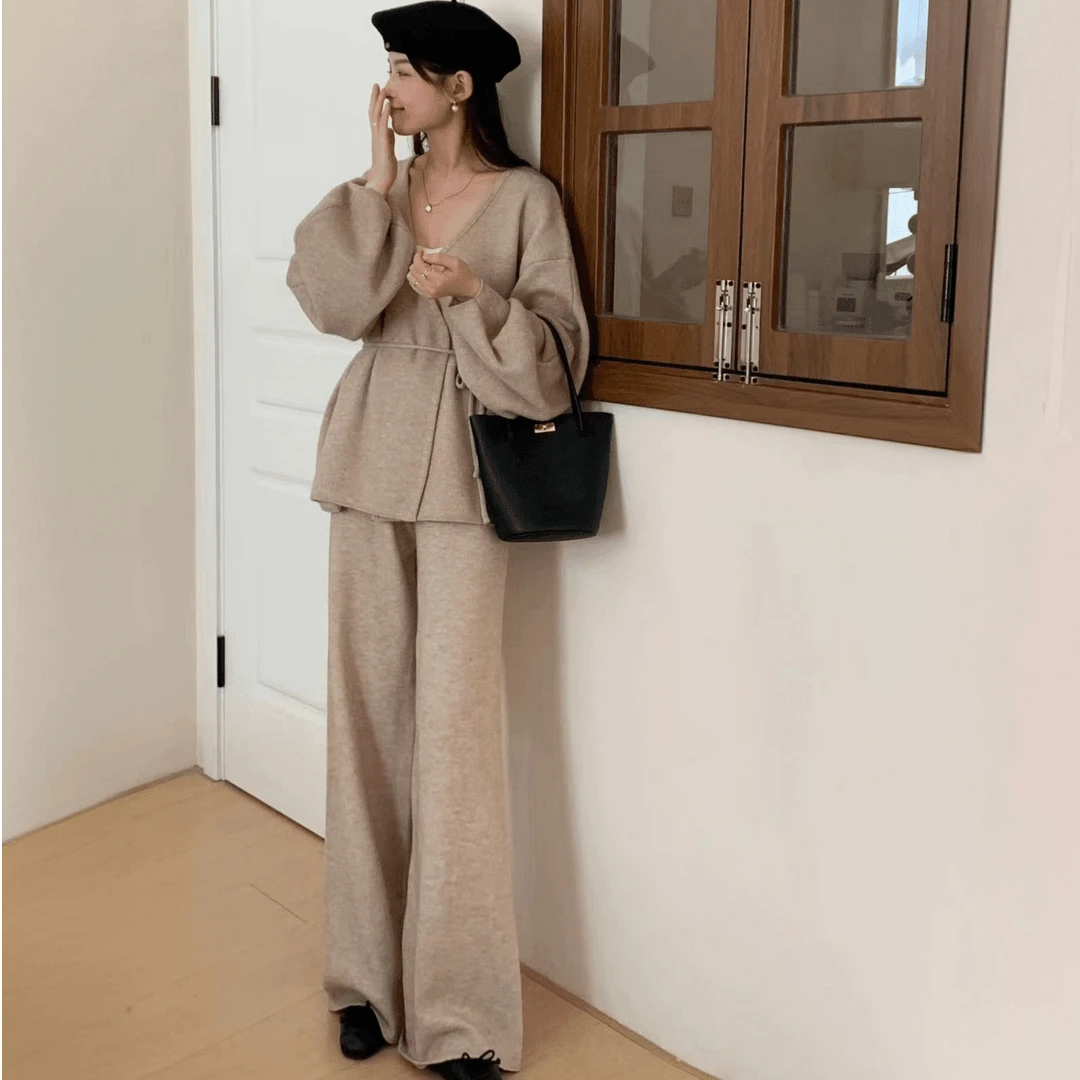 2024秋季新款时尚美式复古慵懒风针织套装女开衫外套阔腿裤两件套
