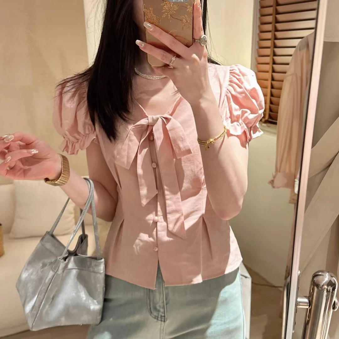 【吉满】韩系温柔甜美风系带蝴蝶结显瘦麻料衬衣JM2221