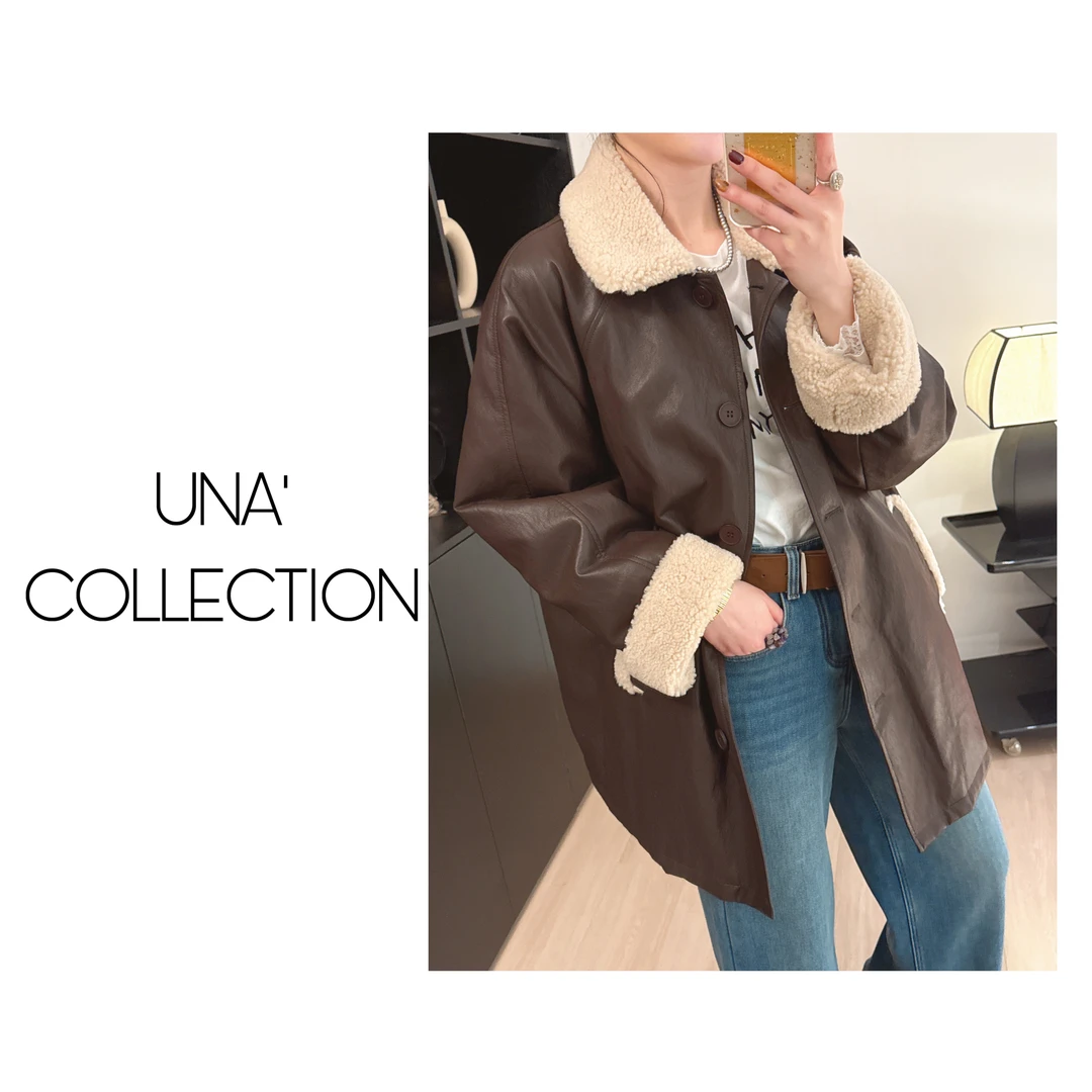 【吉满】欧版羔羔毛翻领中长款夹绒PU皮衣外套JM2505