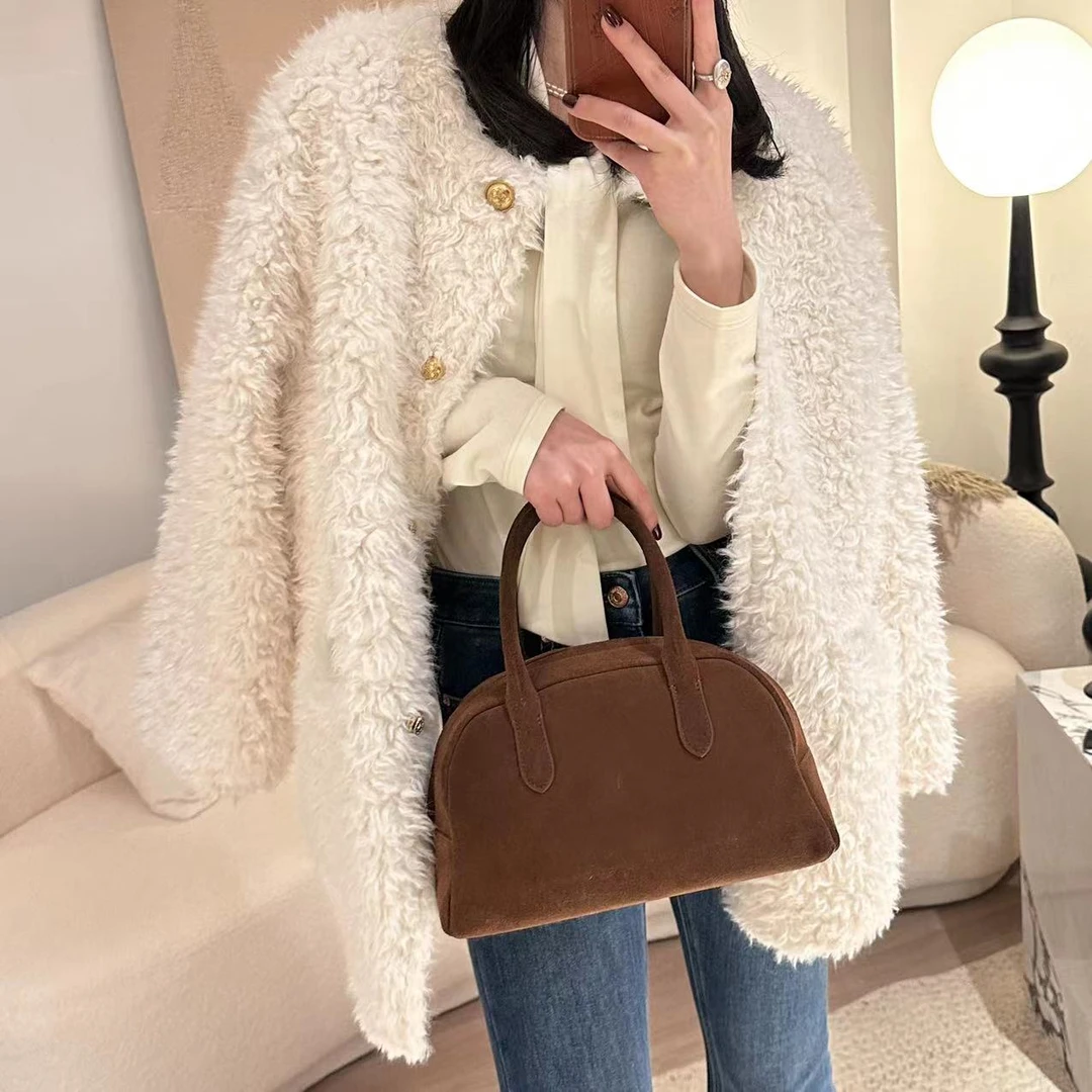 【吉满】高级感轻奢风金扣圆领中长款加厚毛毛外套JM2102