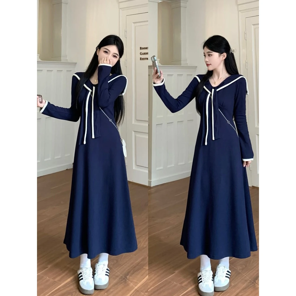 秋新款胖海军领法式复古撞色长袖连衣裙学院风显瘦字长裙
