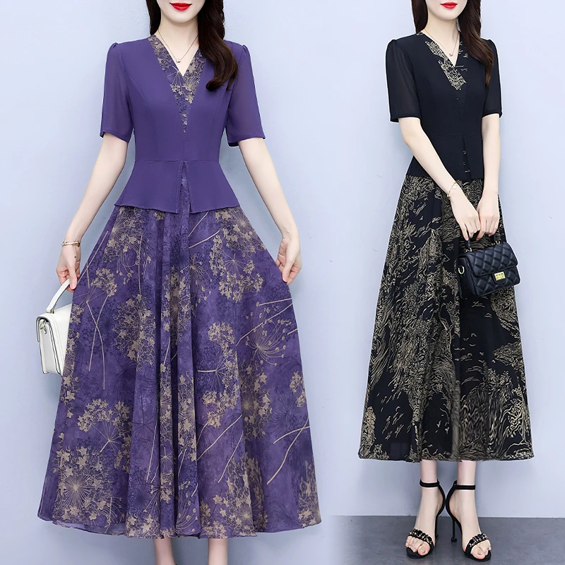 新中式风拼接假两件连衣裙夏季2024新款长款显瘦显高中气质