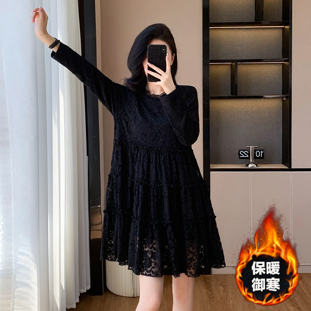 2024冬新款时尚减龄大码蕾丝连衣裙气质显瘦中长裙