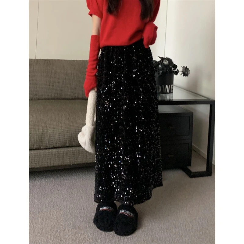 黑色丝绒亮片半身裙女秋冬高腰包臀a字长裙子冬季亮闪闪一步半裙