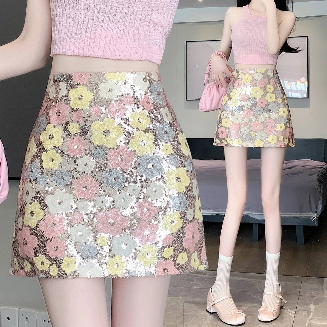 重工亮片花朵设计感a字裙小香风百搭半身裙高腰显瘦包臀A字裙短裙