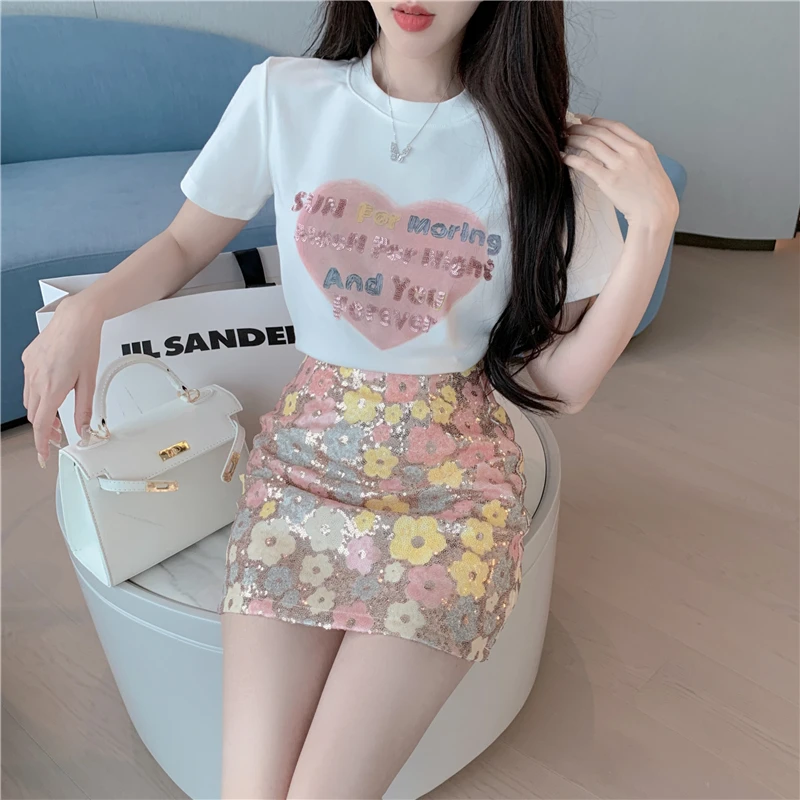 时尚百搭花朵夏季高腰亮片A字半身裙裙子套装小个子显瘦