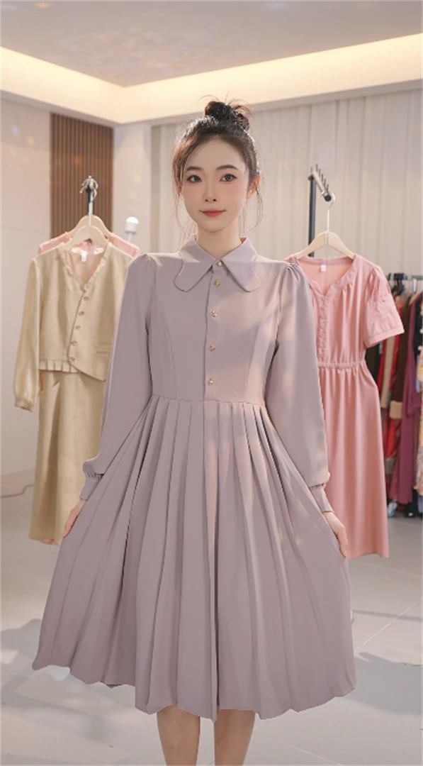 Y1353秋季新品连衣裙女气质不规则翻领高腰中长款A字裙