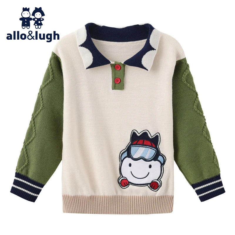 阿路和如儿童外套秋冬款2024新款男童休闲撞色学院风翻领毛衣上衣