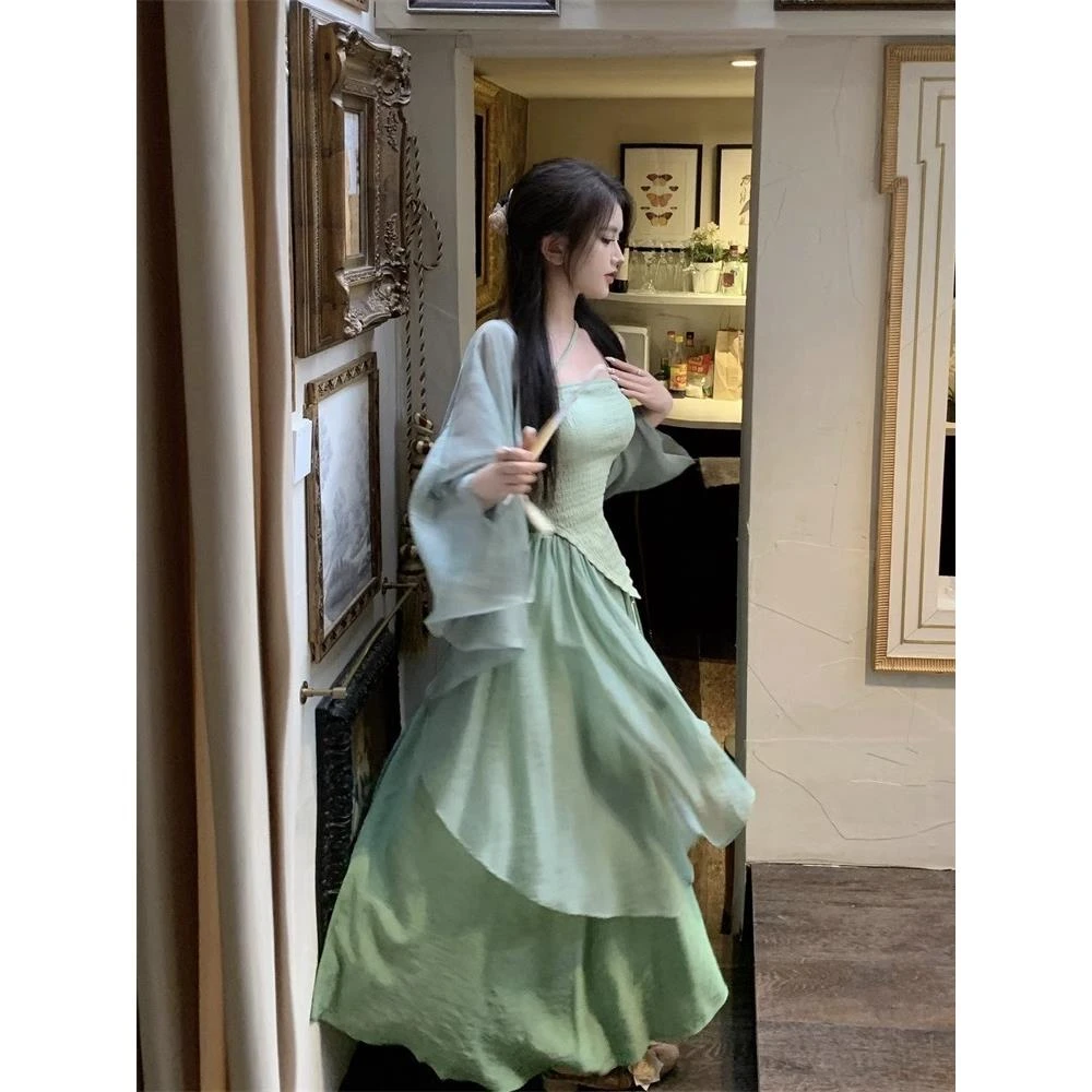 套装女2023夏季新款新中式禅意防晒开衫吊带背心高腰显瘦半身裙潮