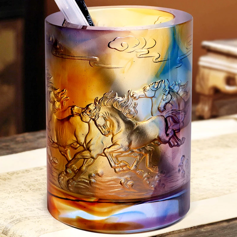 铁圈礼业琉璃笔筒送老师办公室毕业礼物实用摆设创意刻字礼品摆件