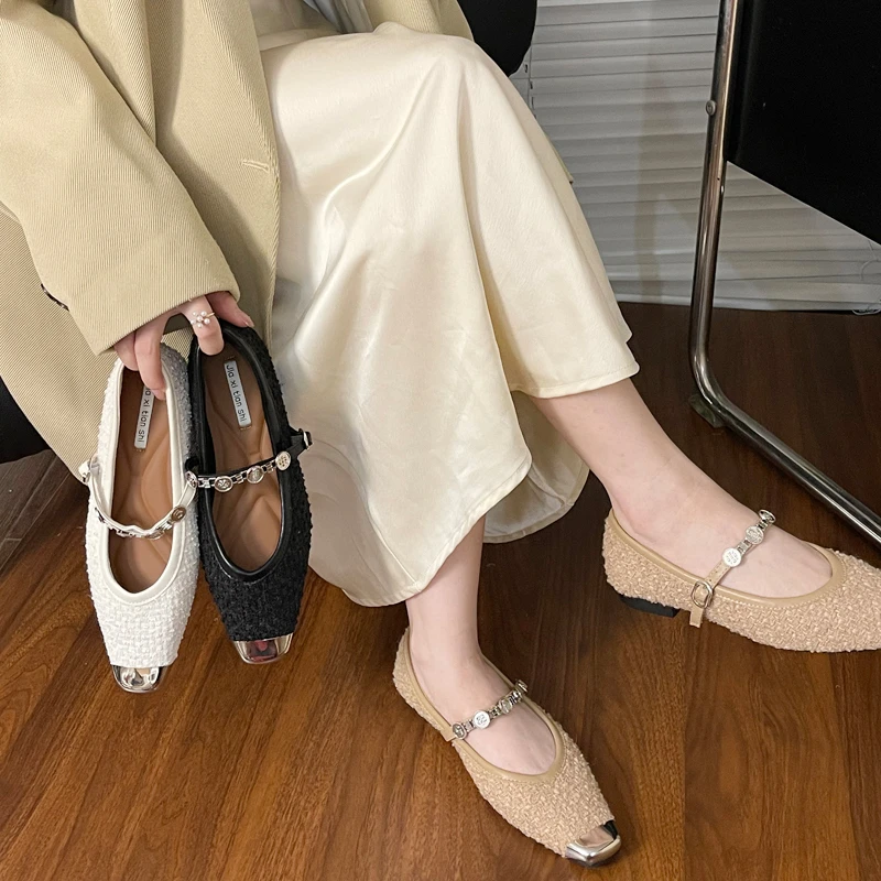 美猫汇2024年新款法式气质亮片拼色小香风软底真皮底玛丽珍单鞋女