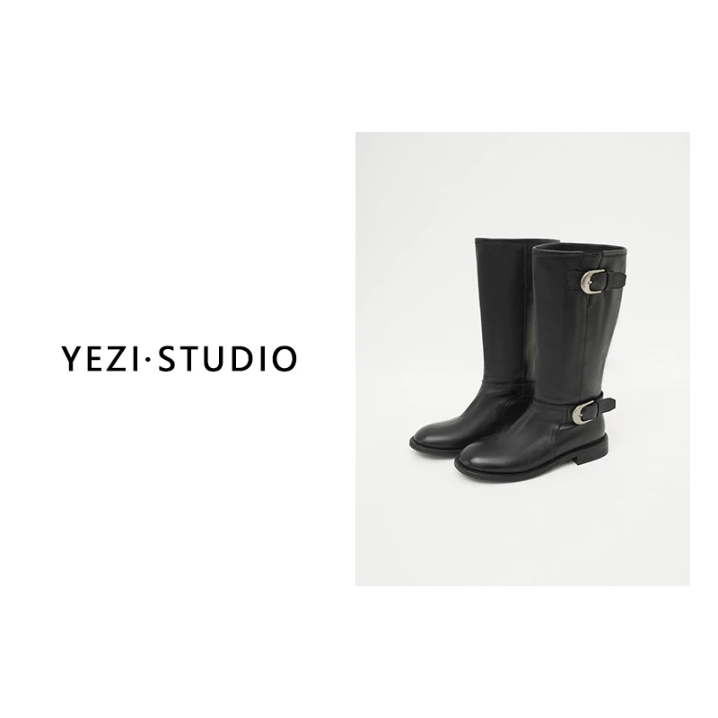 叶子定制【骑士乐章】时髦酷飒感水洗马皮金属扣筒靴24451113-11/2