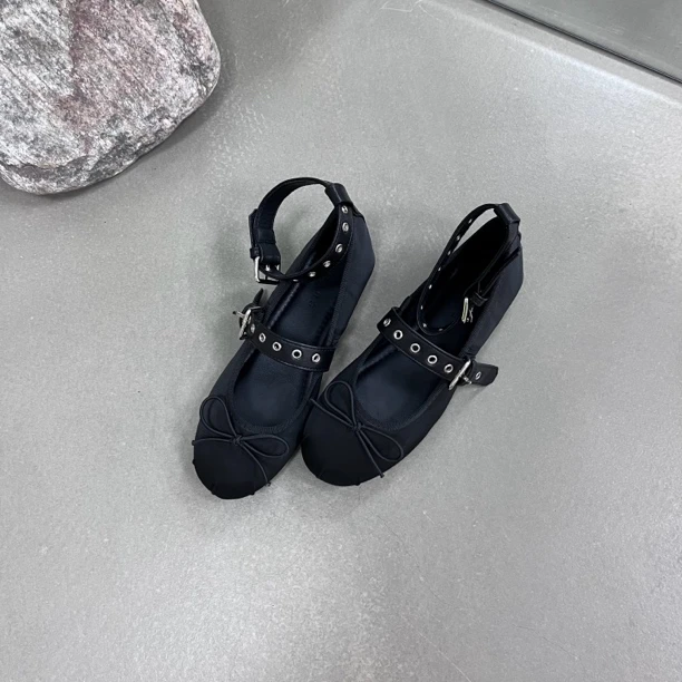 128-1# 韩版春秋黑色系金属皮扣带圆头蝴蝶结芭蕾舞鞋平底单鞋