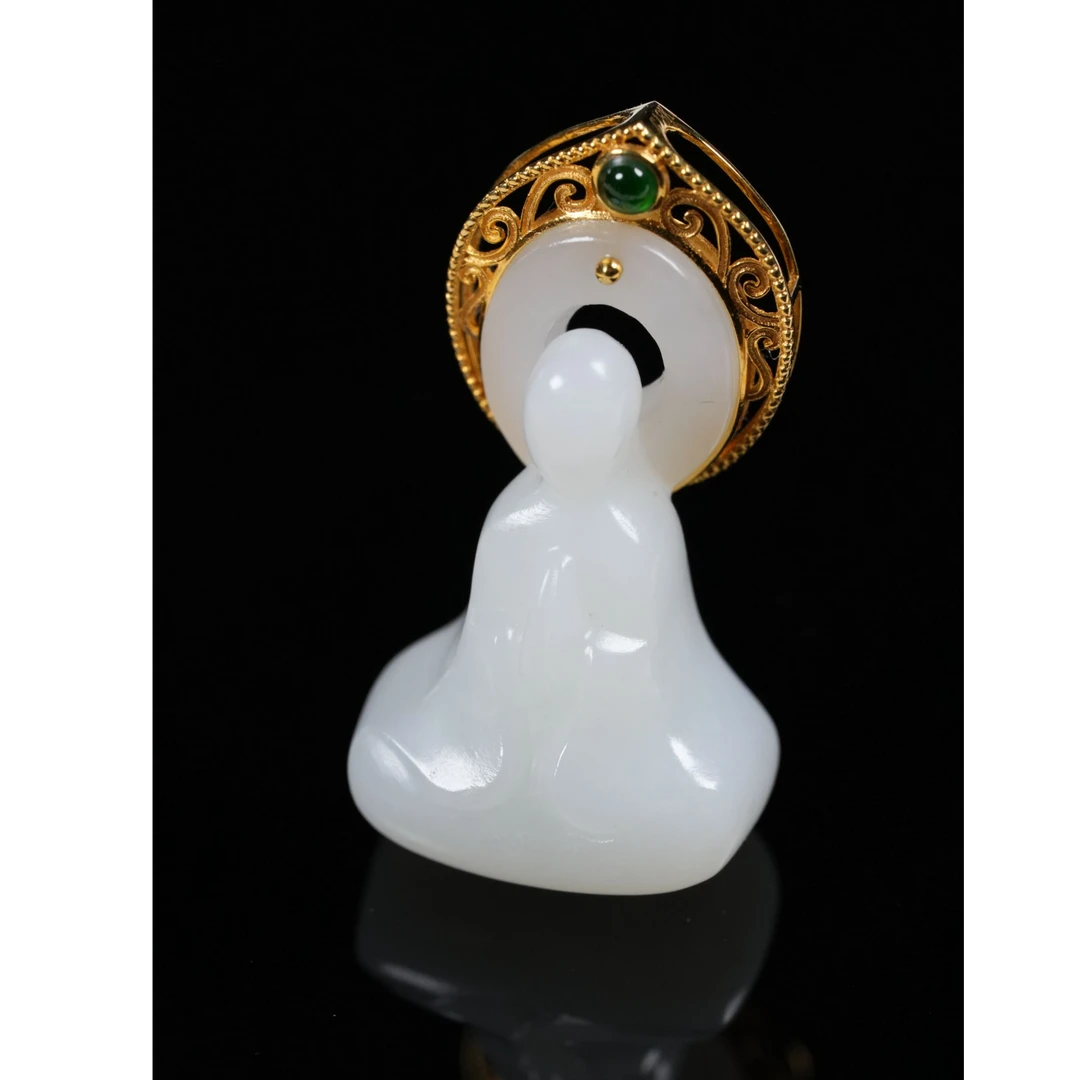 DFW01和田玉白玉无相佛吊坠18K金镶嵌高28mm宽15mm厚12mm