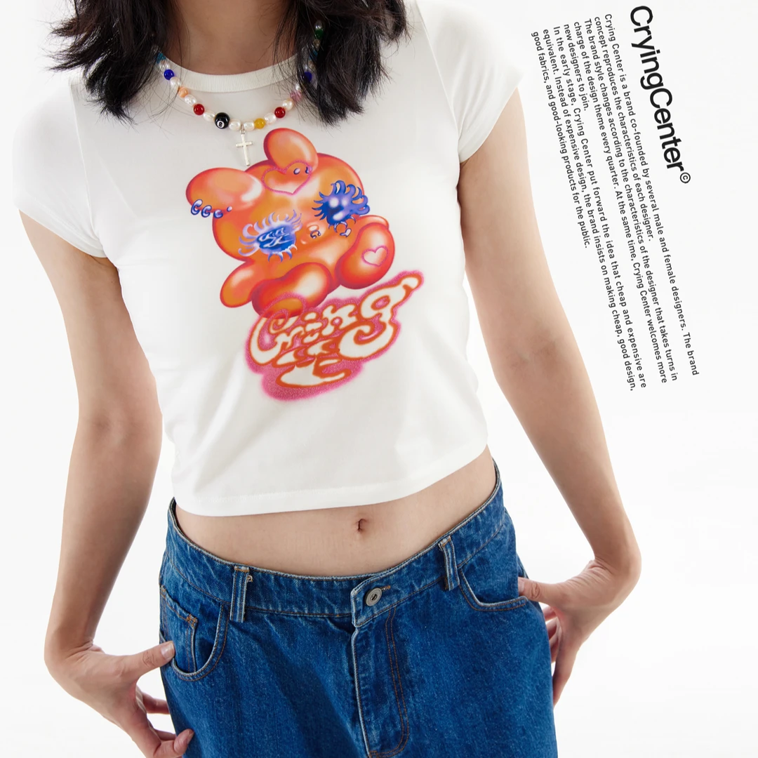 Crying center/哭喊中心手绘 y2k千禧乖兔宝 平肩修身女生白色t