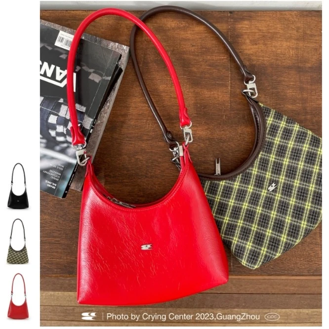 Cryingcenter复古千禧格纹红色皮包手提包腋下包可斜挎