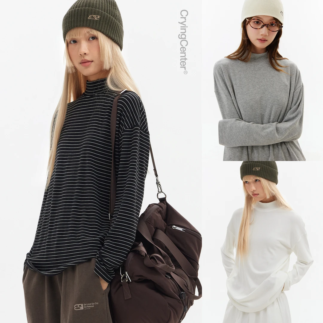 Crying center/哭喊中心花灰白 黑条纹小高领弹力绒感打底上衣